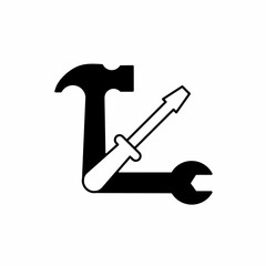 Hammer, screwdriver symbol. Flat linear design. Wrench icon. Isolated vector element.