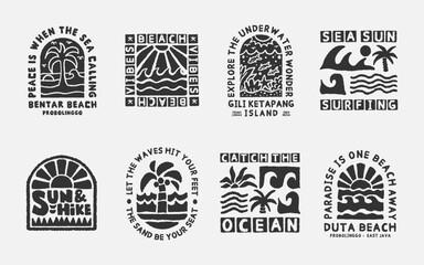 badge set beach sun beach shore palm tree fish coral waves sand 