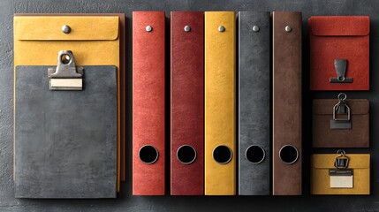 Assorted colorful folders and a clipboard on a dark surface.