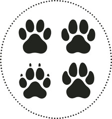 Animal Paw Print Silhouette Set – Four Unique Tracks Framed in Circular Dotted Border for Nature, Pet, and Wildlife Tracking Design Projects