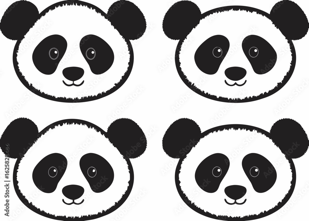 Poster four panda faces with different eye styles in a repeating pattern on a white background design art c