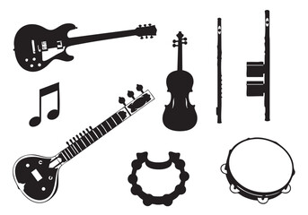 Fototapeta premium Diverse Musical Instruments Black Silhouettes Representing Global Music Traditions and Harmony of Melodies and Cultural Richness