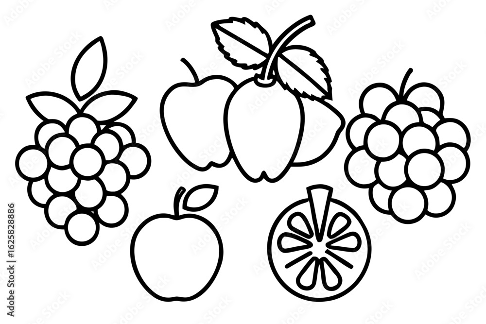 Poster outline drawing of apples grapes and orange slice arranged together in a simple black and white desi