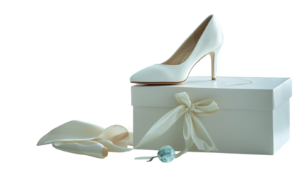 Elegant white high heel shoe on a gift box isolated on transparent background, a stylish and luxurious accessory for a brides wedding, party, or formal event