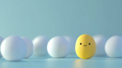 A charming yellow egg with a smiling face stands out among white eggs, creating a playful and cheerful atmosphere. Perfect for spring and food themes.