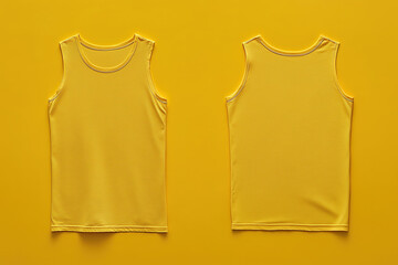 Yellow sleeveless tank top front and back view, casual summer sportswear template, blank athletic singlet mockup for design presentation