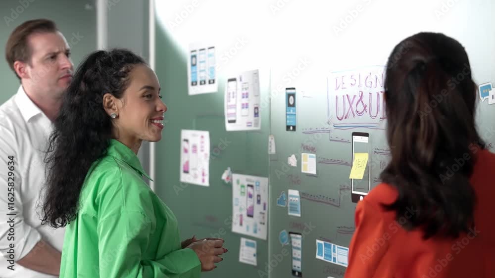 Poster professional business team share idea by using ux and ui design. group of business people brainstorm