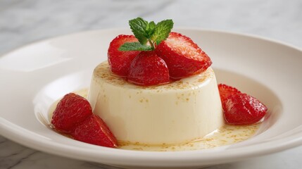 Elegant panna cotta dessert topped with fresh strawberries and mint garnish
