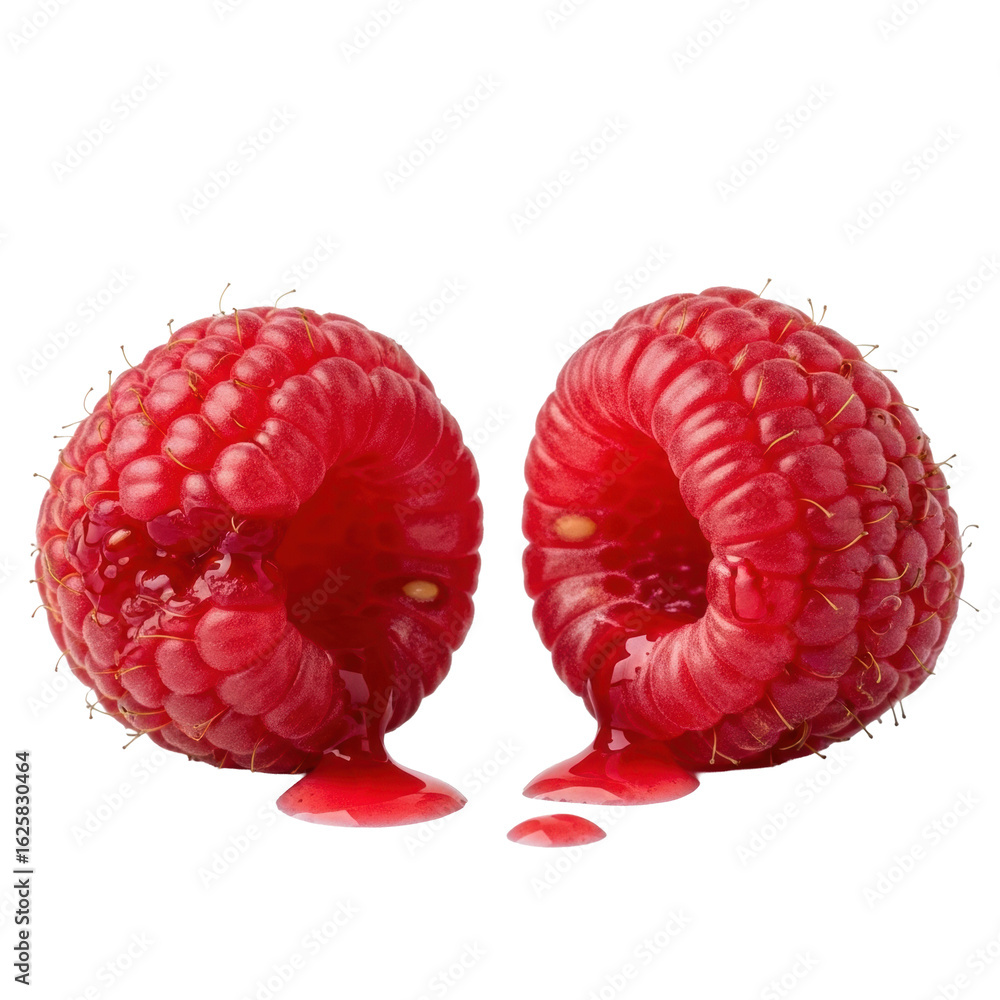 Poster two crushed ripe raspberries with exposed pulp and merging deep red juices, isolated on a pristine t