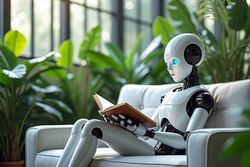 Robot reading book in garden cafe surrounded by plants tree, concept of AI machine learning