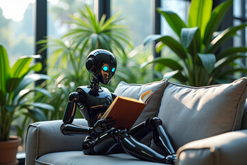 Robot reading book in garden cafe surrounded by plants tree, concept of AI machine learning