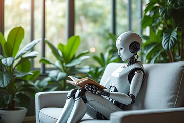 Robot reading book in garden cafe surrounded by plants tree, concept of AI machine learning