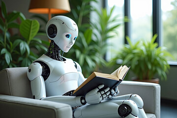 Robot reading book in garden cafe surrounded by plants tree, concept of AI machine learning