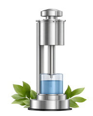 Eco-Friendly Hydration Machine: A modern, stainless steel beverage machine, elegantly dispensing refreshing water into a glass, enhanced by lush green foliage for a touch of natural freshness.