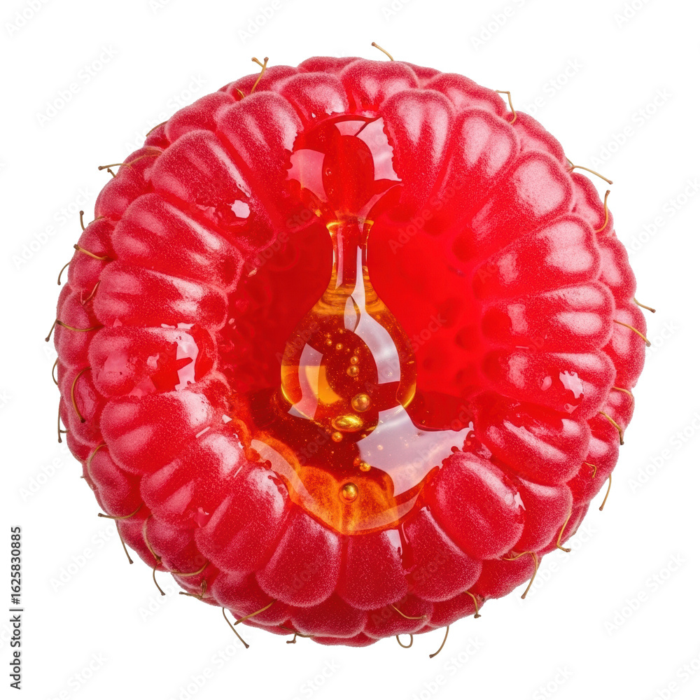 Poster extreme close-up macro of crushed deep red raspberry pulp with glistening juice, tiny seeds, and a t