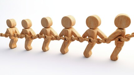 A creative representation of wooden figures connected by a chain, symbolizing unity, teamwork, and collaboration among individuals in a minimalist style.