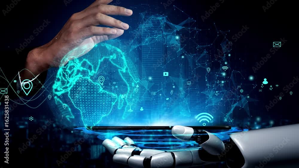 Poster a detailed depiction of a robotic hand reaching towards a digital globe, surrounded by interconnecte