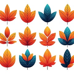 Obraz premium Collection of stylized autumn leaves in warm and cool colors isolated on white background