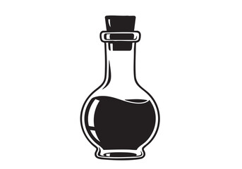 Vintage Apothecary Bottle with Dark Liquid Inside a Classic Medicinal or Alchemic Container Black and White Vector Illustration