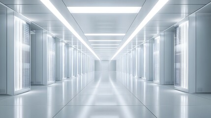 infinite server room stretching into the distance, cool white lighting and tech details, silent and empty 

