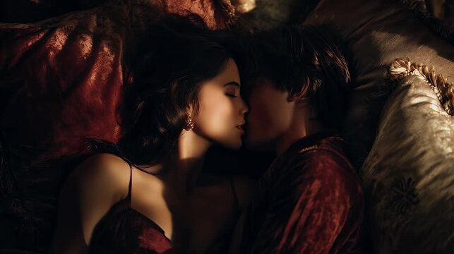Romantic kiss on luxury pillows