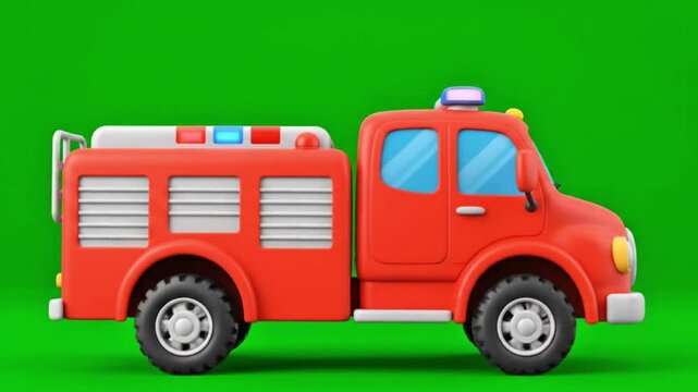 3D cartoon red fire truck with flashing emergency lights driving on a green screen background.

