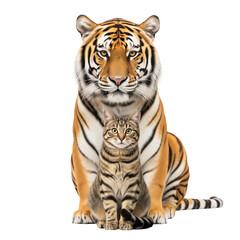Obraz premium Tiger and a tabby cat sitting together isolated on a transparent background 