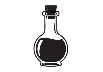Vintage potion bottle illustration with dark liquid and cork stopper on a clean white background vector graphic art
