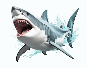 The shark is shown in a dynamic, mid-leap pose, with its powerful body arcing slightly. Its upper body is a cool, slate gray, and its underside is a stark white.