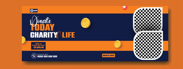 Modern graphic design with text make today charity life and gold coins on a dark blue and orange background