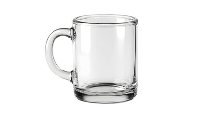 A sleek, clear glass coffee mug, empty and clean, isolated on a pure Transparent Background.