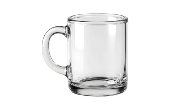 A sleek, clear glass coffee mug, empty and clean, isolated on a pure Transparent Background.