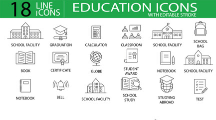 Collection of education and school icons in line style for academic and learning themed designs