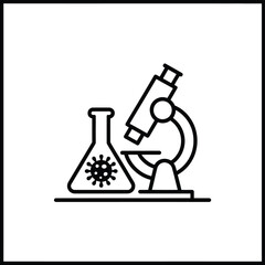 Microscope and flask with virus symbol representing scientific research and medical discovery