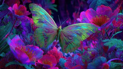 Vibrant butterfly rests amidst colorful flowers in a lush, dreamlike garden
