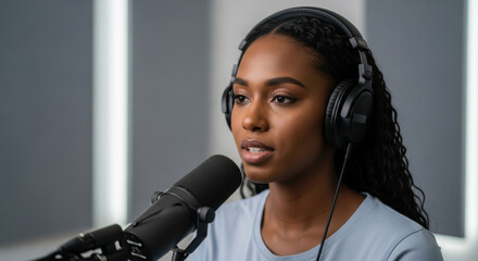 Focused young woman host recording engaging podcast episode in studio, wearing headphones and speaking confidently into professional microphone, modern creative workspace