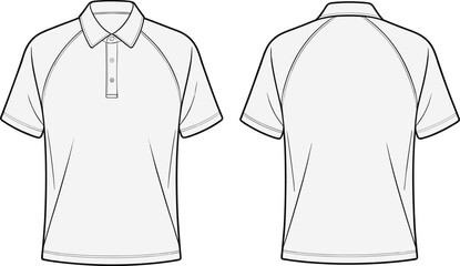 Raglan short sleeve polo shirt flat sketch front and back view template for sportswear, casual menswear, and apparel design illustration