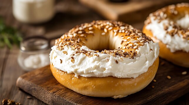 Spreading cream cheese on bagel healthy tasty breakfast food