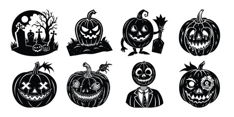 Undead Pumpkin Faces & Graveyard Halloween Silhouette Vector Collection.