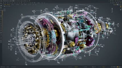 Detailed 3D rendering of mechanical gear teeth inside engine powertrain with colorful directional arrows, dark background highlighting skateboard drive system control panel interface for industrial de