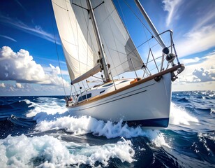 A white sailboat cuts through deep blue ocean waves under a bright sky, creating white spray. Ideal for themes of adventure, freedom, and travel.