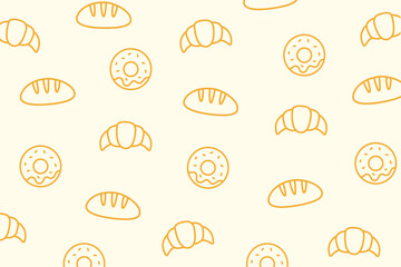 Seamless bakery pattern with outlined loaf, croissant, and oval bread icons on pale yellow. Ideal for pastry packaging, kitchen prints, or baking-themed decor.