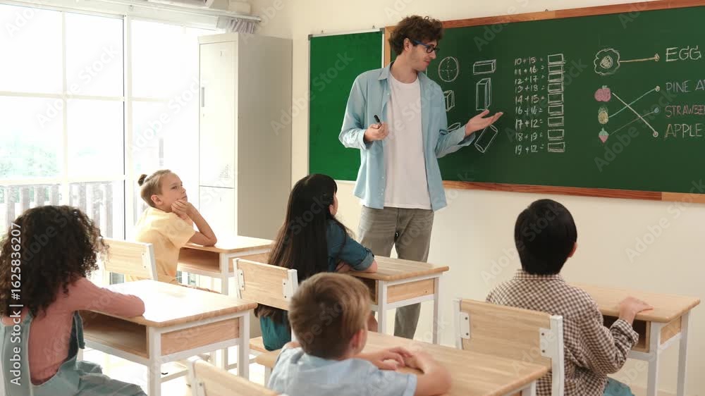 Poster caucasian teacher talking and explain about math theory at classroom while looking at student. smart