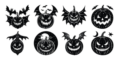 Bat and Moon Themed Halloween Pumpkin Silhouettes Vector Illustration Set.