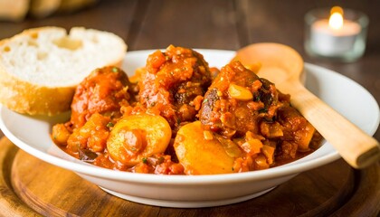 Hearty meatball stew with potatoes served in a bowl alongside bread and candle