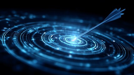 Digital glowing dart hitting the center of a futuristic target on a dark background, symbolizing precision, goal achievement, focus, strategy, and success in business or technology.

