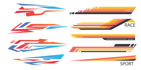 Racing car visual elements set with red and yellow speed stripes for motorsport and automotive design
