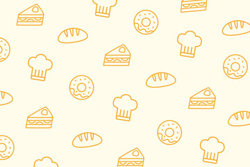 Sweet bakery pattern with cake, bread, donut, and chef hats on yellow. Great for dessert menus, baking decor, or pastry shop packaging.