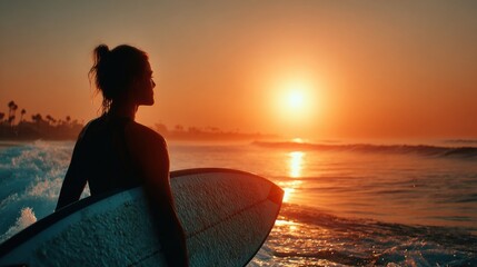 Silhouette of a surfer at sunrise holding a board and looking at the ocean
