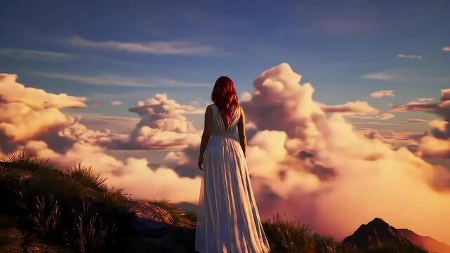 Dreamscape Woman Gazing at Clouds on Mountain Peak
